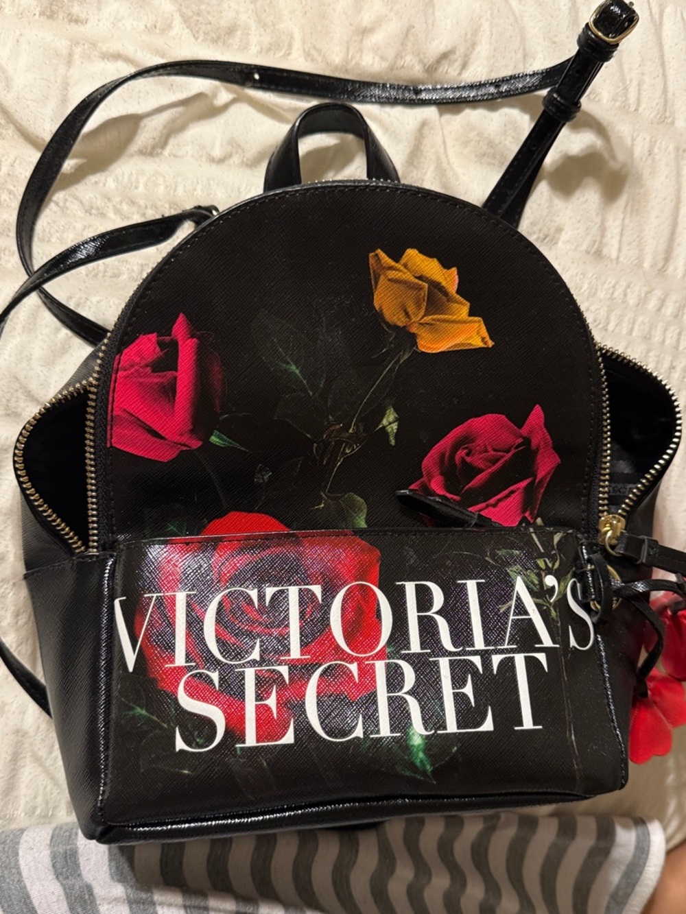 Victoria's Secret Black Floral Mini Backpack with Red & Yellow Roses